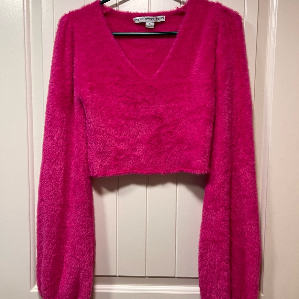 HYFVE Vibrant Pink Fuzzy V-Neck Crop Top